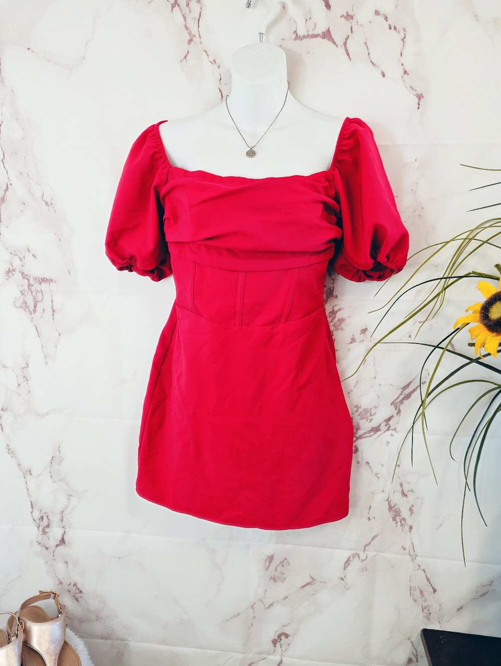Hollister Red Corset Seam Puff Sleeve Mini Dress Side Zip Medium - Picture 3 of 6